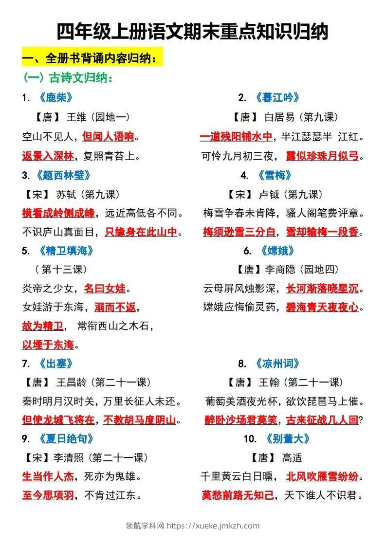 四上语文全册重点知识汇总-领航学科网