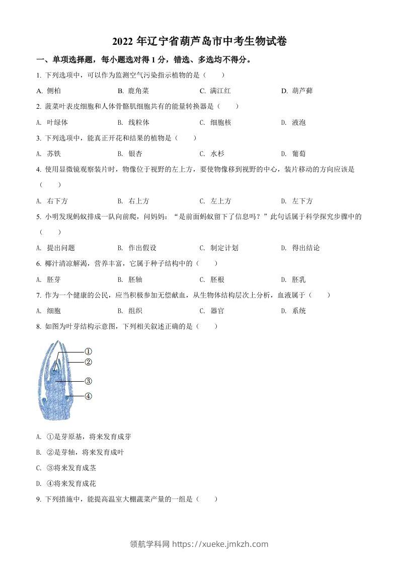 2022年辽宁省葫芦岛市中考生物真题（空白卷）-领航学科网