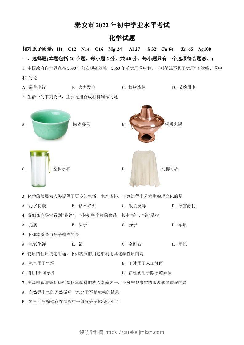 2022年山东省泰安市中考化学真题（空白卷）-领航学科网