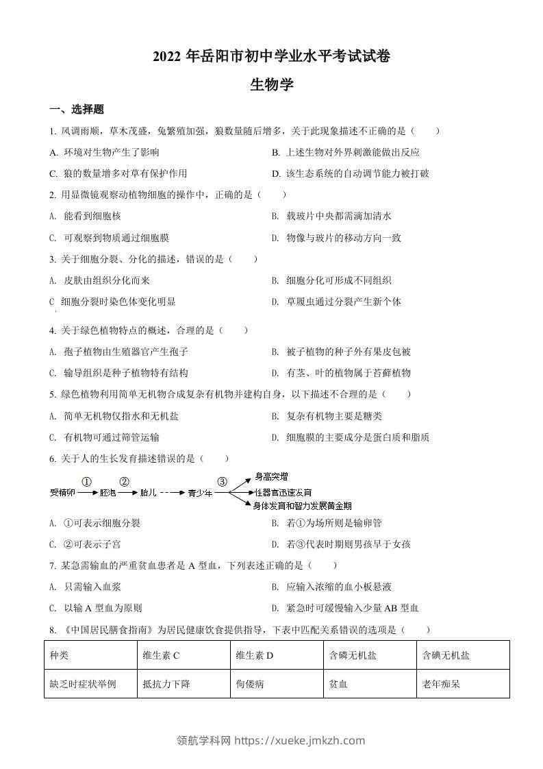 2022年湖南省岳阳市中考生物真题（空白卷）-领航学科网