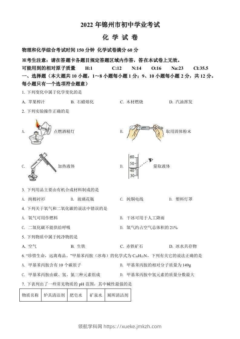 2022年辽宁省锦州市中考化学真题（空白卷）-领航学科网