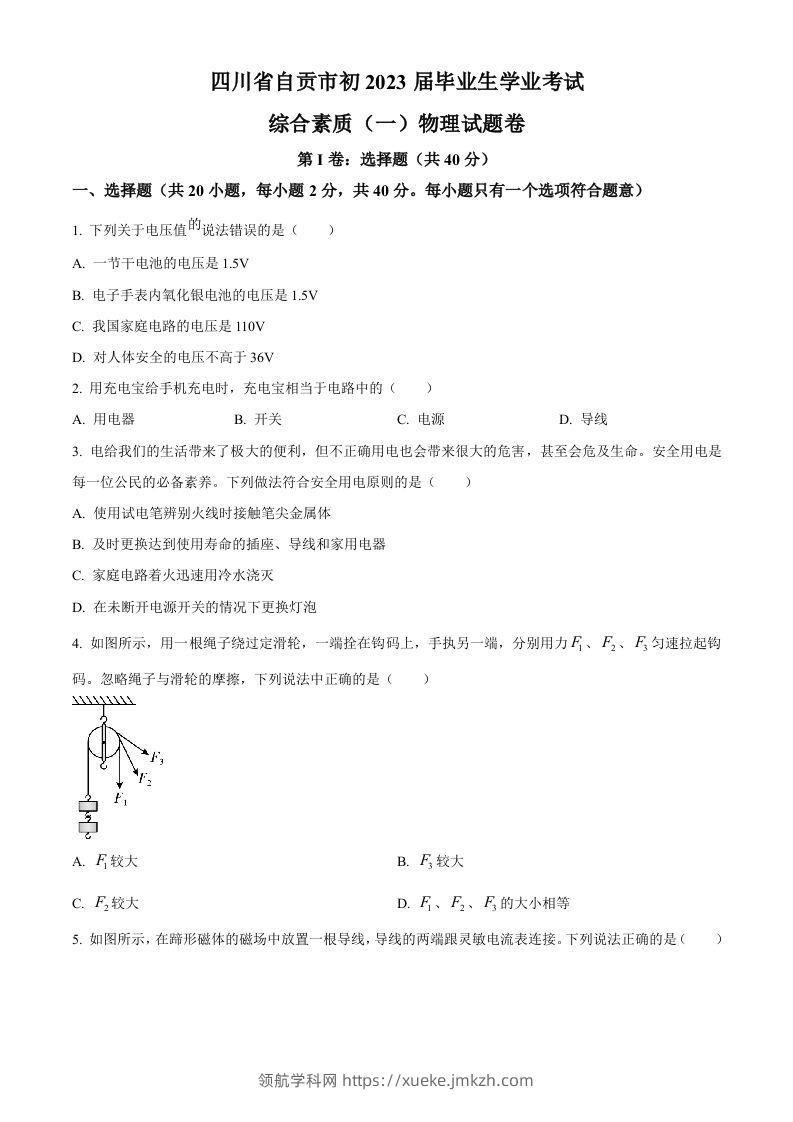 2023年四川省自贡市中考物理试题（空白卷）-领航学科网