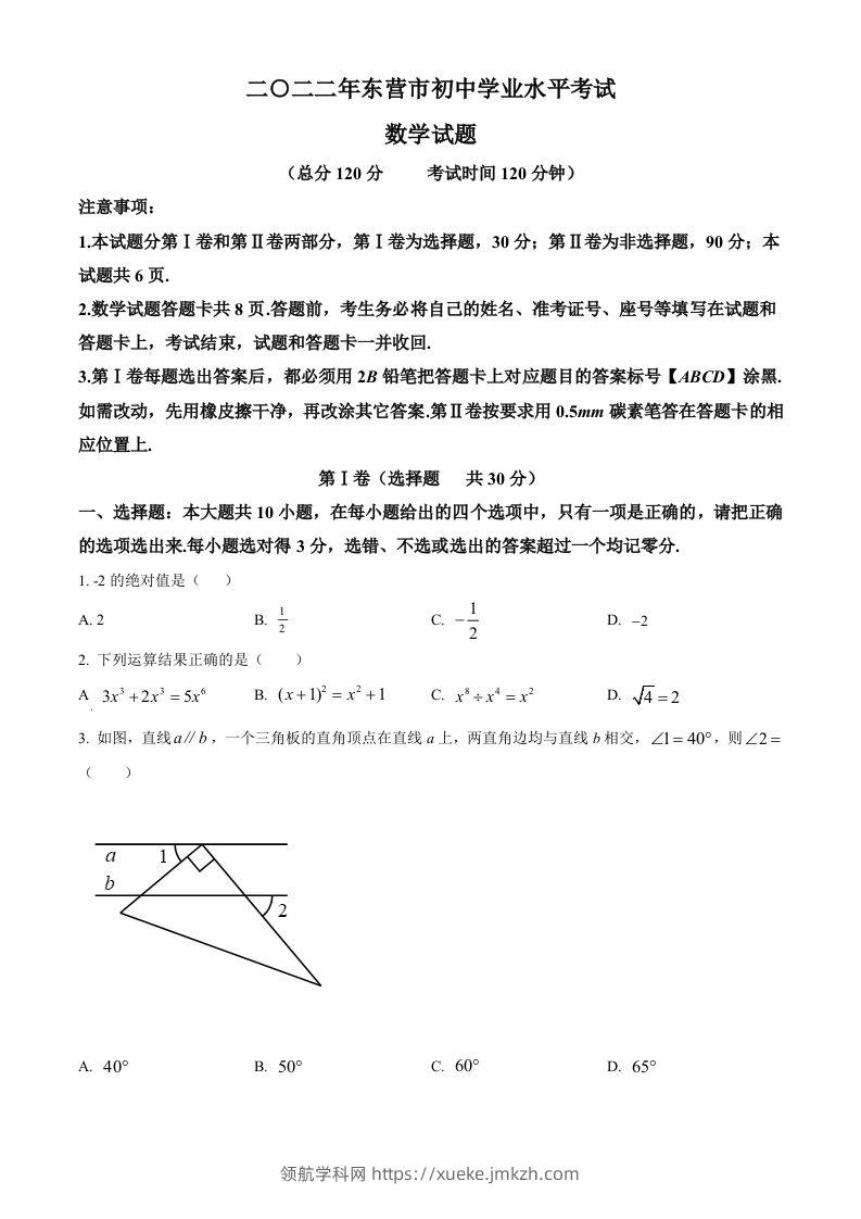 2022年山东省东营市中考数学真题（空白卷）-领航学科网