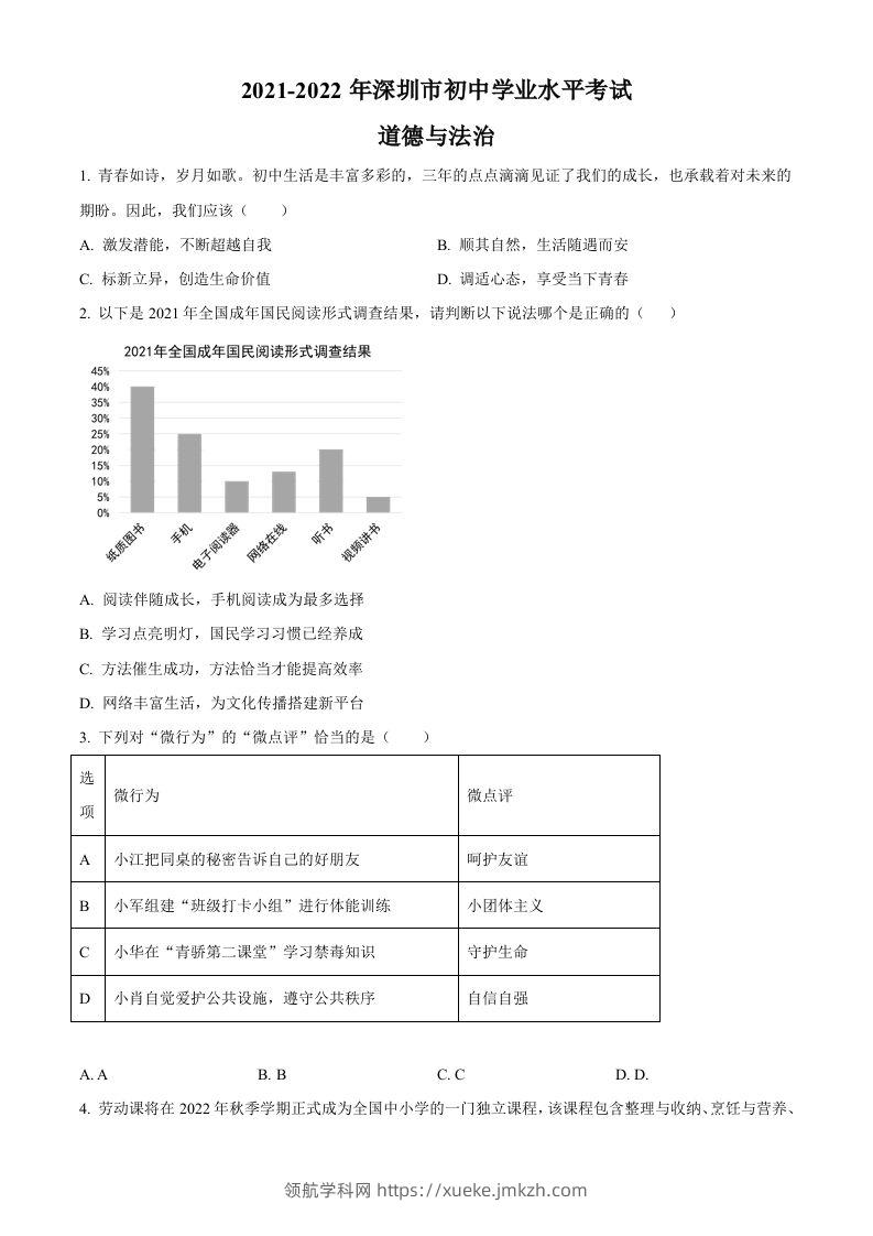 2022年广东省深圳市中考道德与法治真题（空白卷）-领航学科网