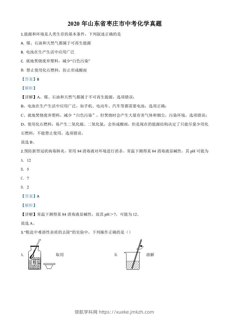 山东省枣庄市2020年中考化学试题（含答案）-领航学科网