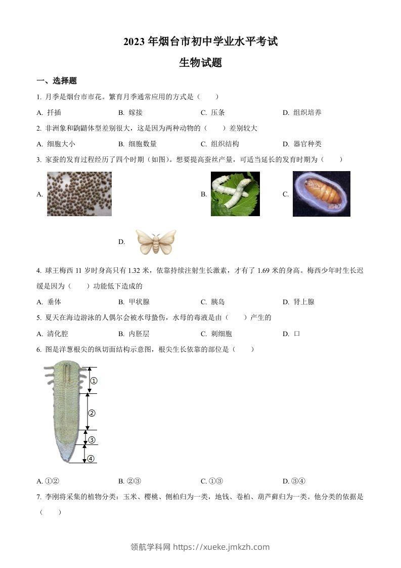 2023年山东省烟台市中考生物真题（空白卷）-领航学科网