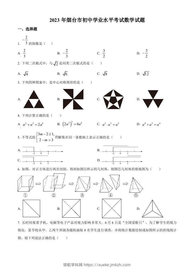 2023年山东省烟台市中考数学真题（空白卷）-领航学科网