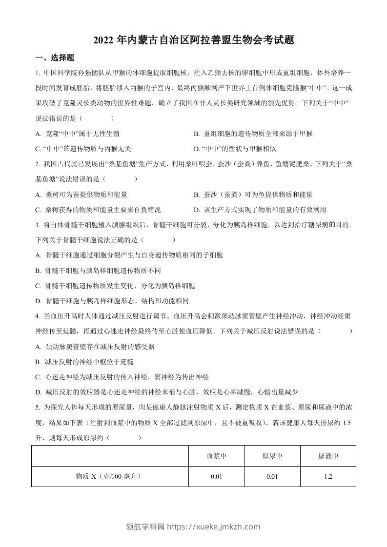 2022年内蒙古自治区阿拉善盟生物会考试题（空白卷）-领航学科网