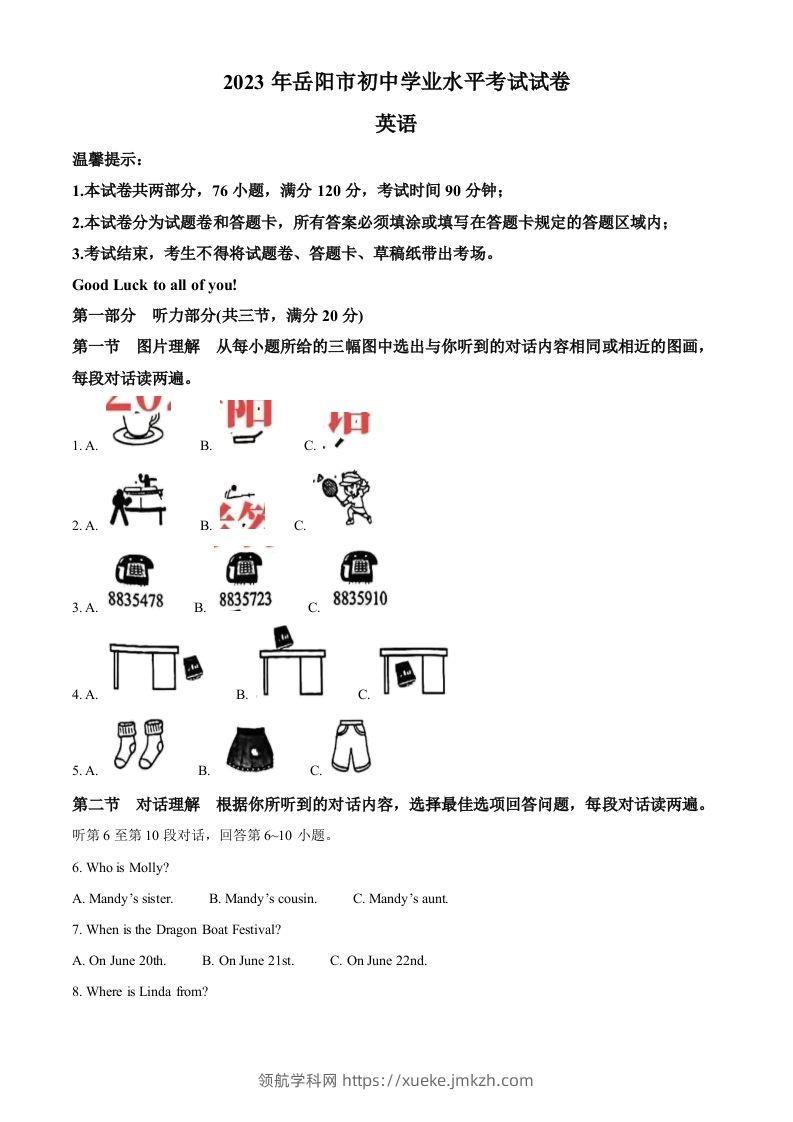2023年湖南省岳阳市中考英语真题（含答案）-领航学科网