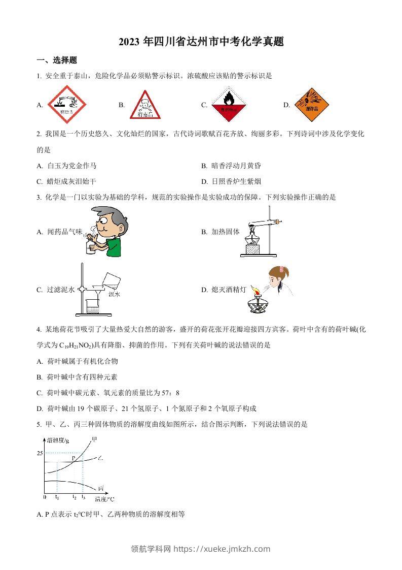 2023年四川省达州市中考化学真题（空白卷）-领航学科网