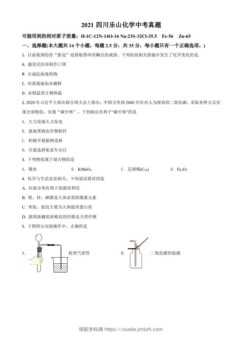 四川省乐山市2021年中考化学试题（空白卷）-领航学科网