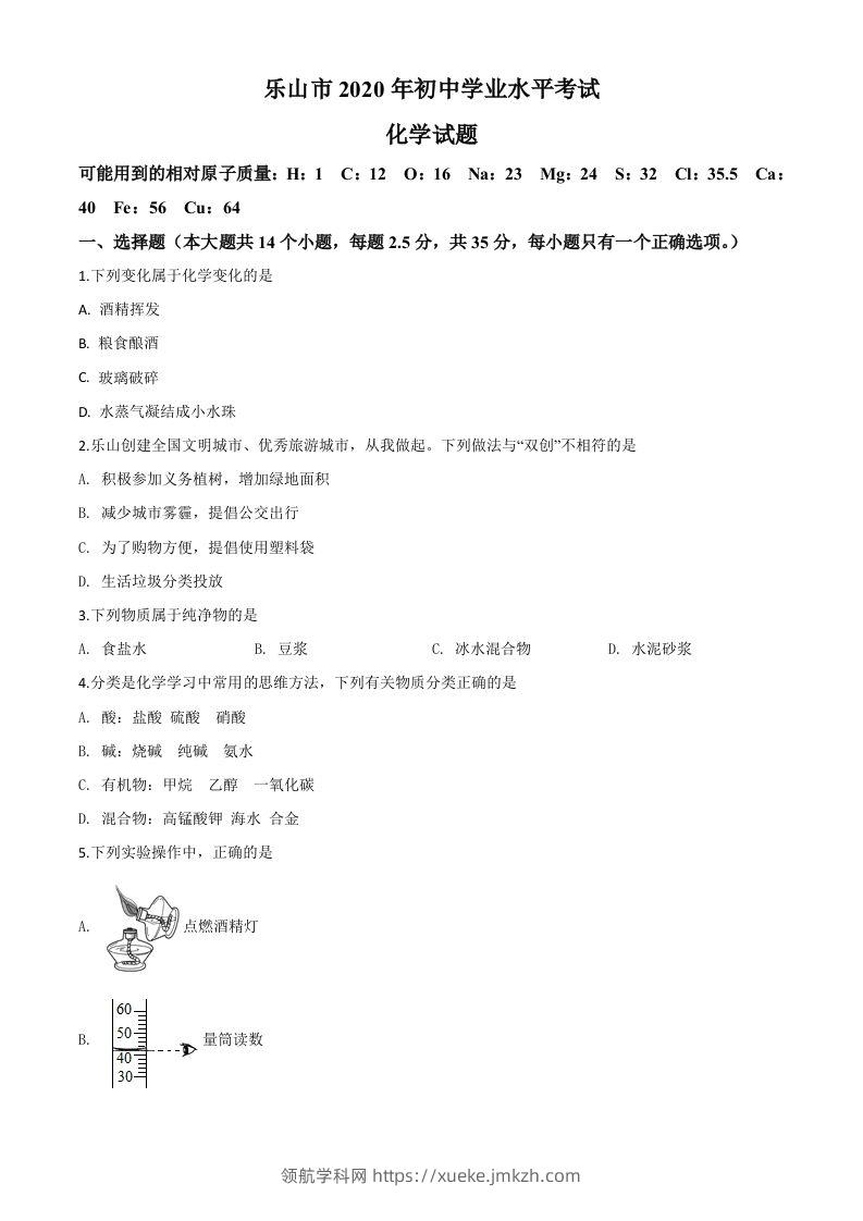 四川省乐山市2020年中考化学试题（空白卷）-领航学科网