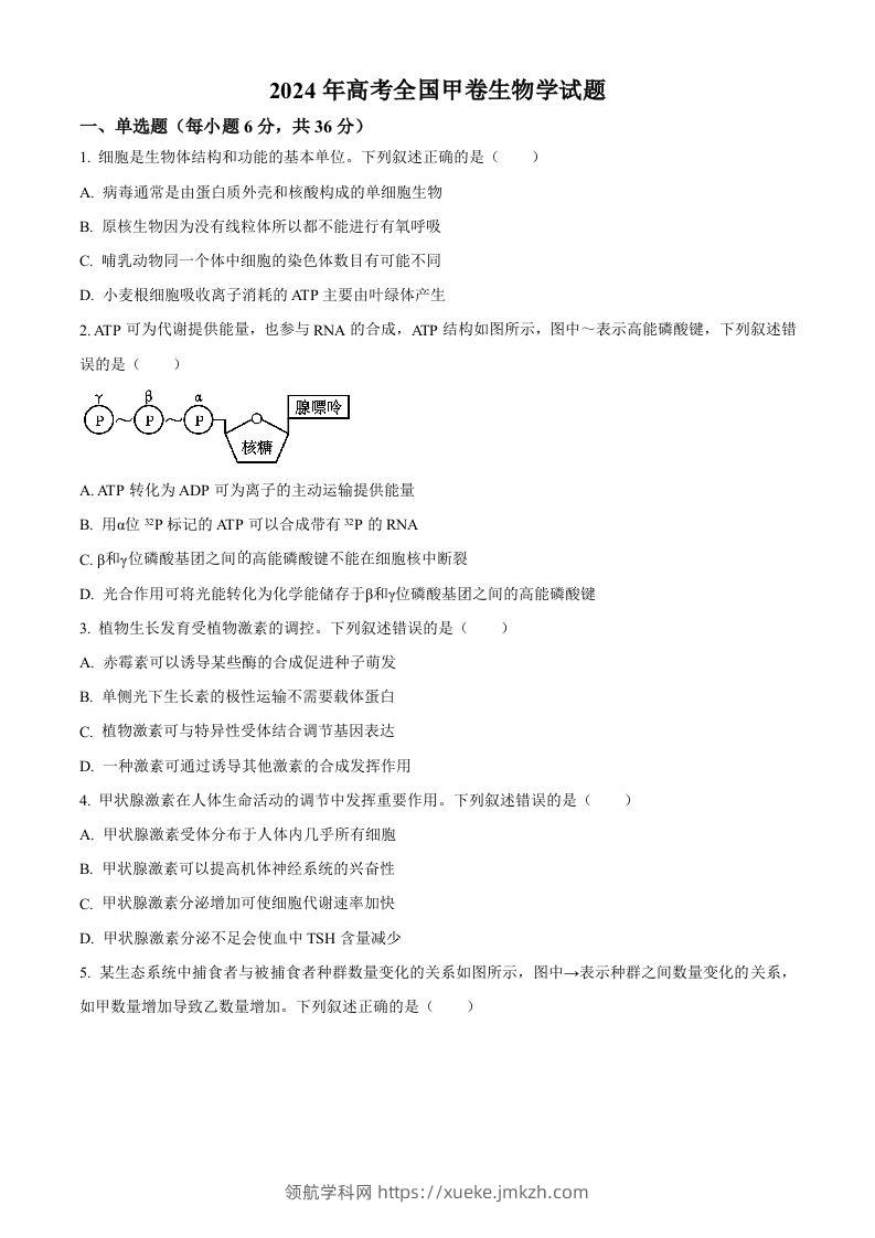 2024年高考生物试卷（全国甲卷）（空白卷）-领航学科网