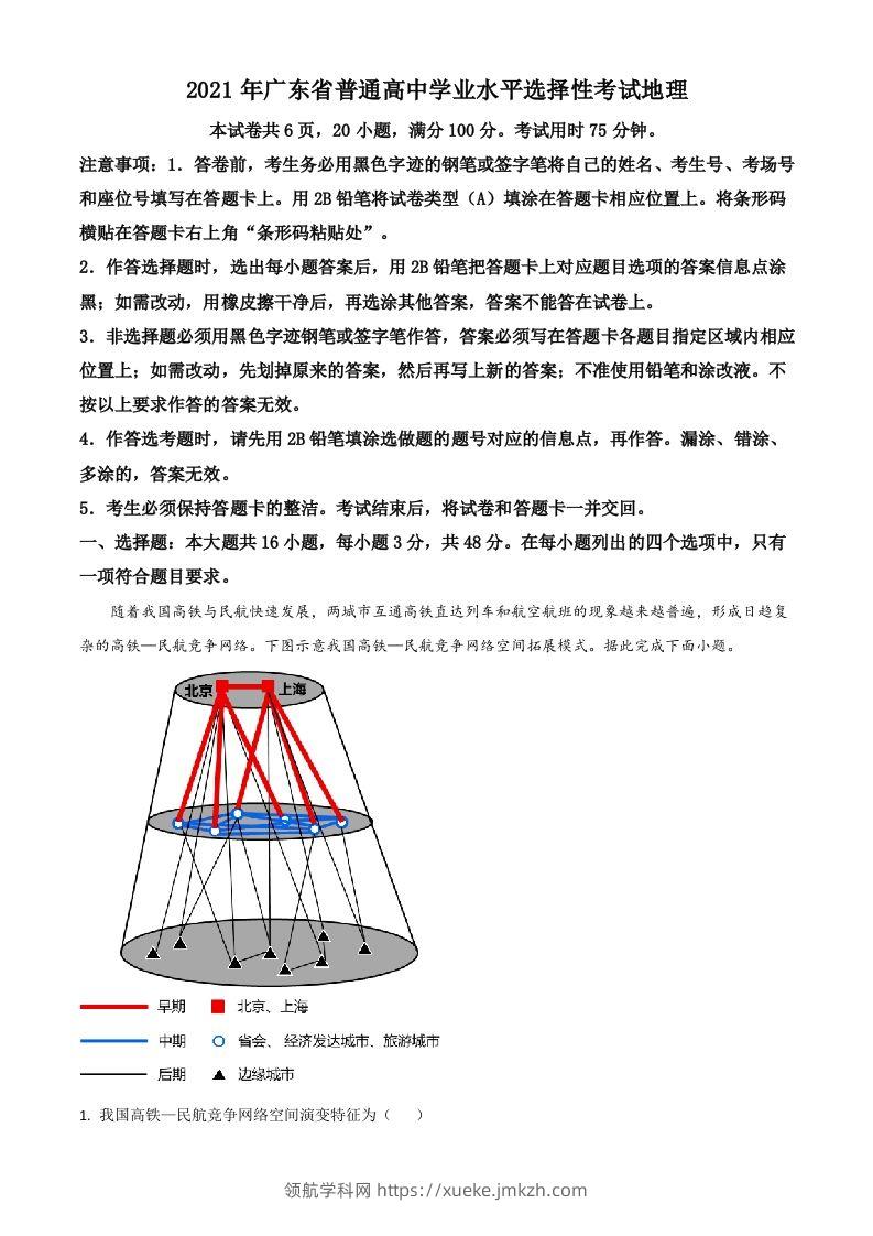 2021年高考地理试卷（广东）（空白卷）-领航学科网