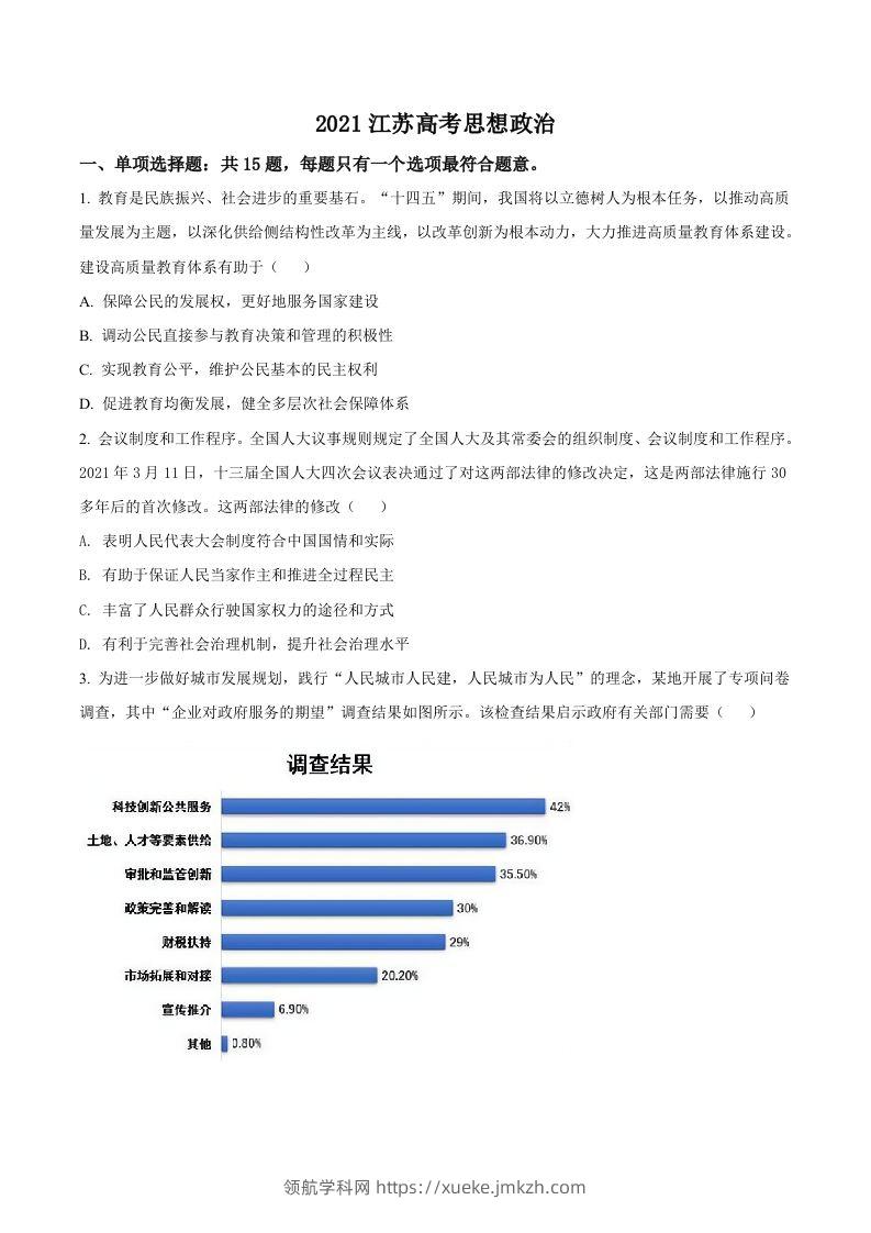 2021年高考政治试卷（江苏）（空白卷）-领航学科网