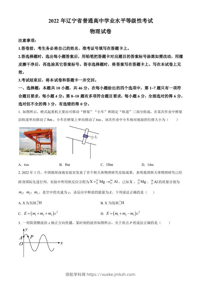 2022年高考物理试卷（辽宁）（空白卷）-领航学科网