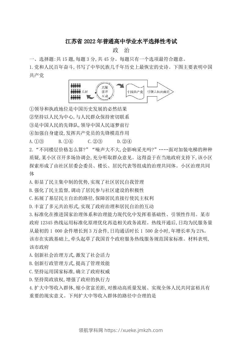 2022年高考政治试卷（江苏）（空白卷）-领航学科网