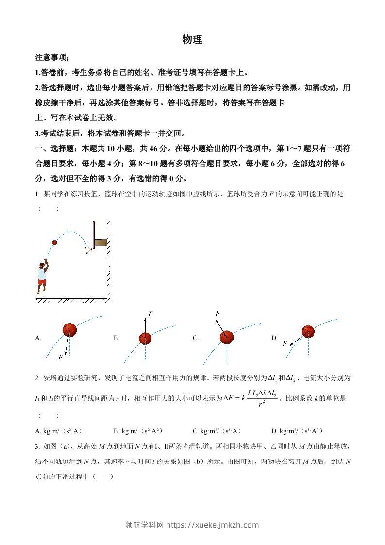 2023年高考物理试卷（辽宁）（空白卷）-领航学科网