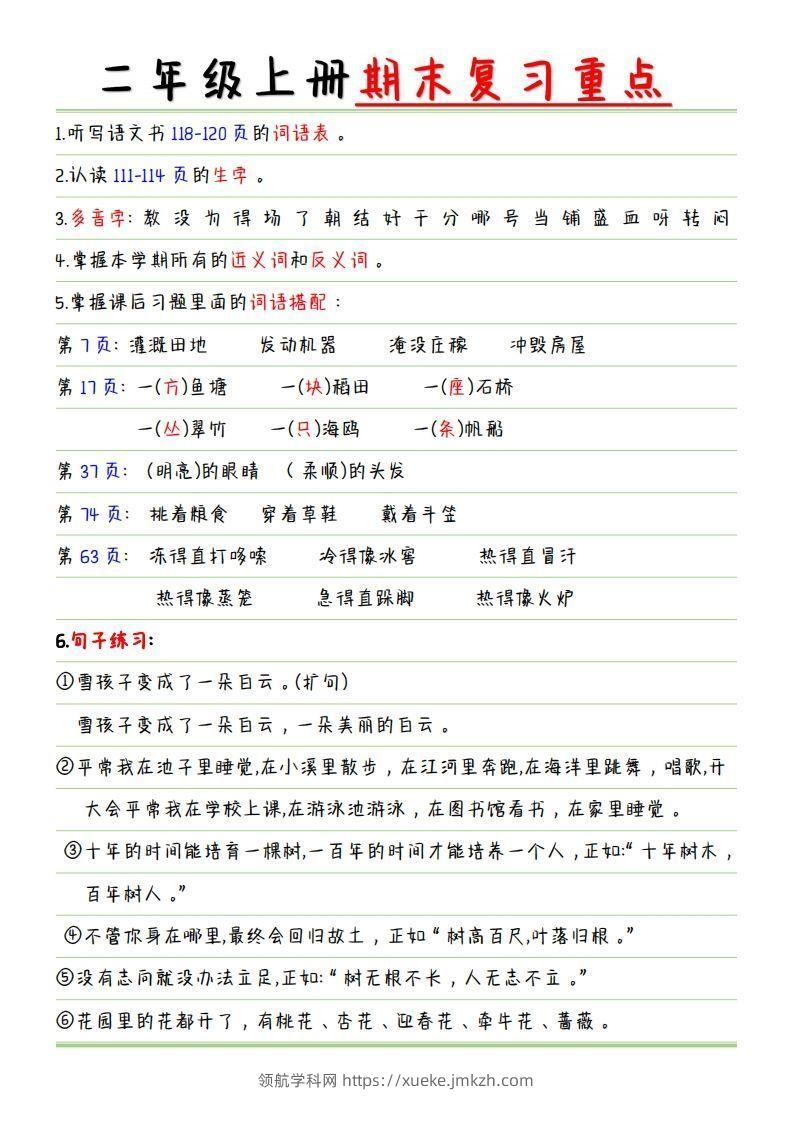 【复习重点点】二上语文-领航学科网