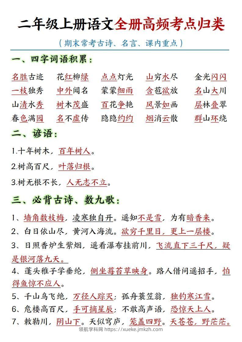 【全册重点高频考点归类汇总】二上语文-领航学科网