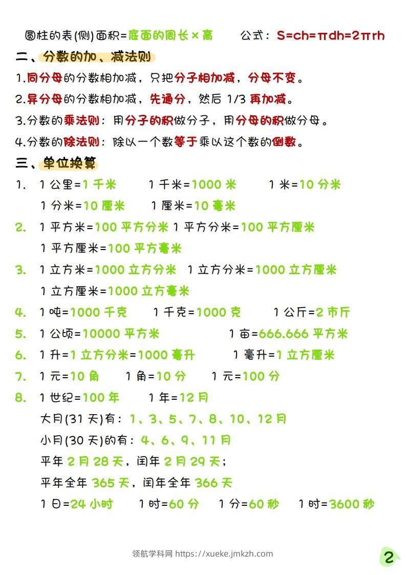 图片[2]-《六年级下册数学寒假预习必背重点公式》六下数学(1)-领航学科网