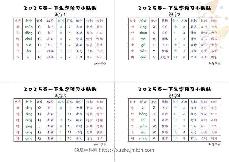25一下语文生字【预习】小贴贴-领航学科网