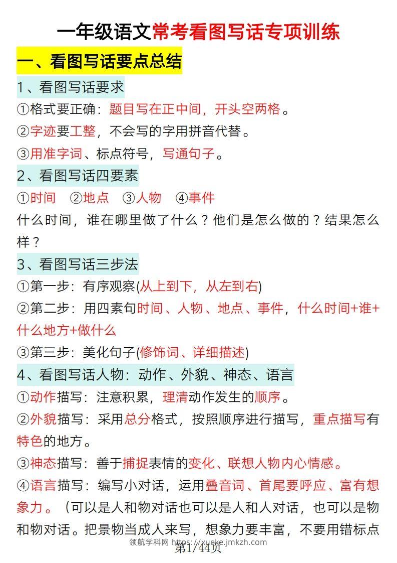 2025一年级语文下册看图写话要点总结+常考看图写话专项训练-领航学科网