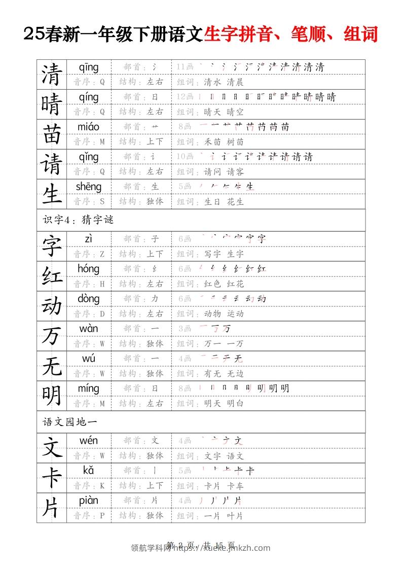 图片[2]-25春新一下语文生字拼音、笔顺、组词（15页）-领航学科网