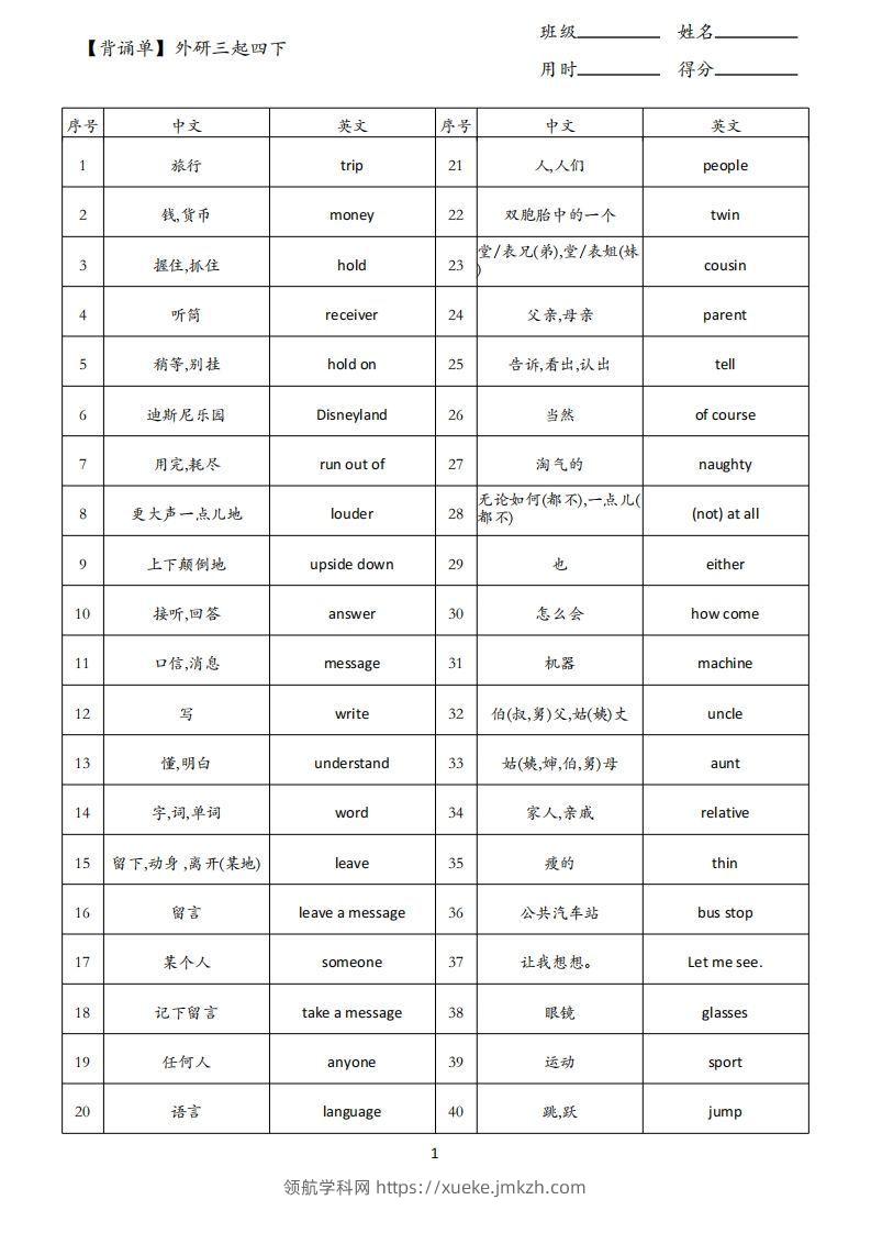 【背诵单】外研三起四下英语-领航学科网