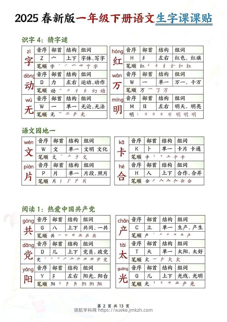 图片[2]-【生字课课贴】【25春新一下语文生字课课贴(13页校对版)-领航学科网