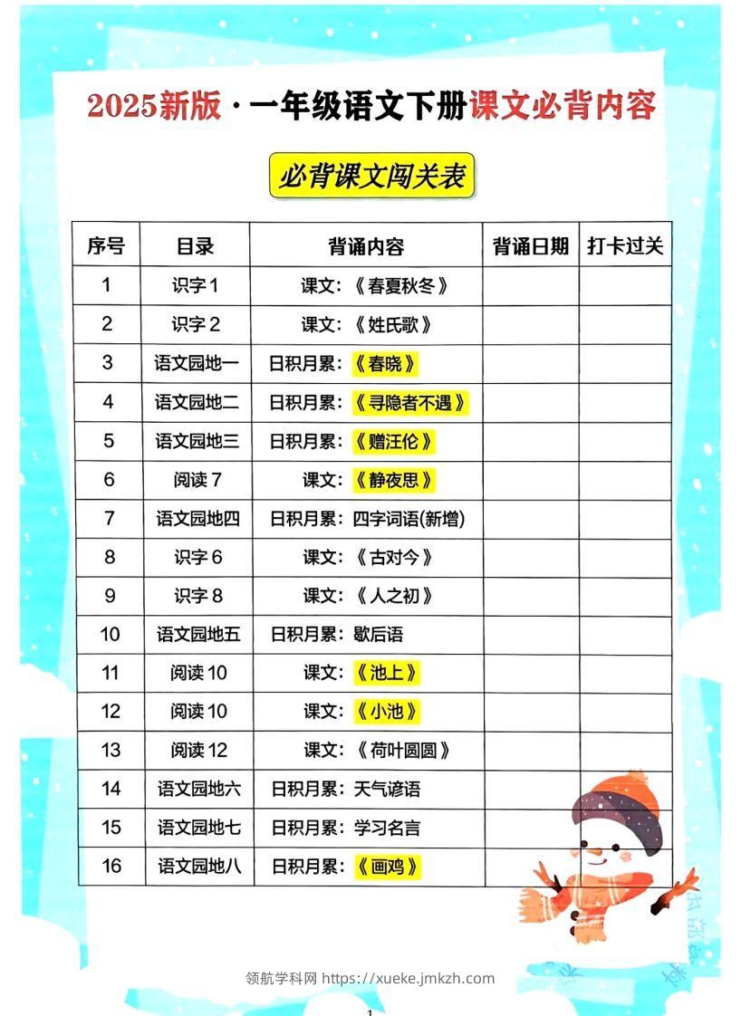 一年级下册语文必背课文_纯图版-领航学科网