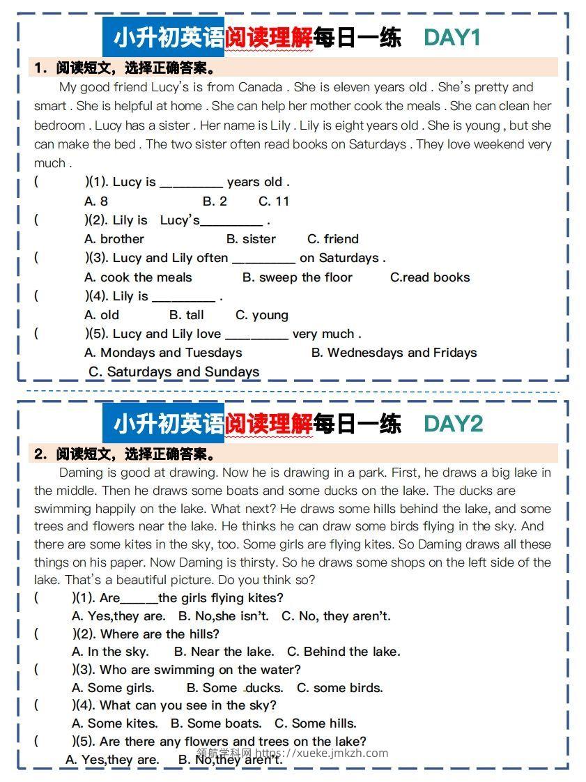 小升初英语阅读理解每日一练-领航学科网