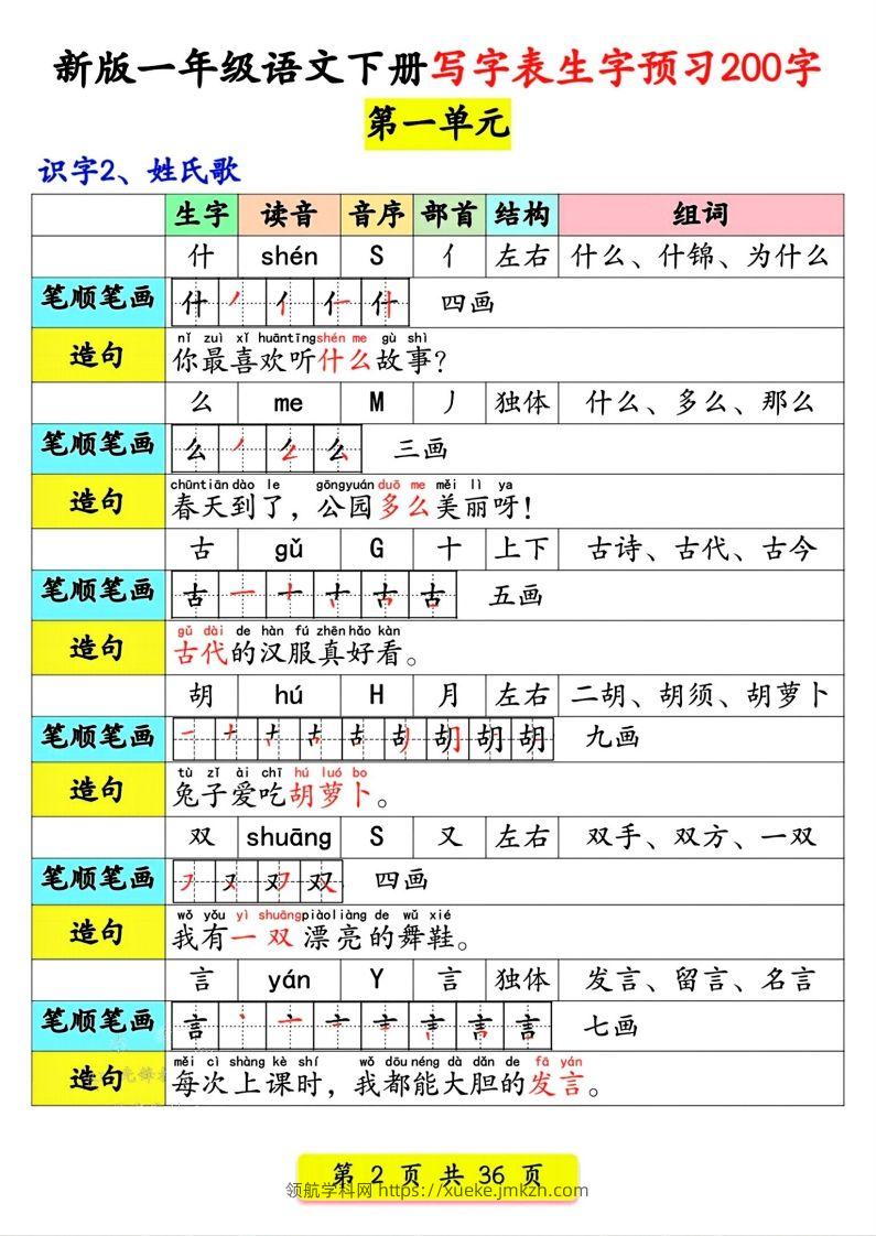 图片[2]-【预习】新版一年级语文下册写字表生字预习200字-领航学科网