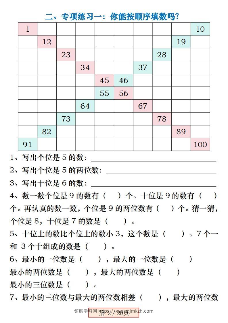 图片[2]-一下数学《百数表》易错专项练习强化训练（含答案20页）-领航学科网