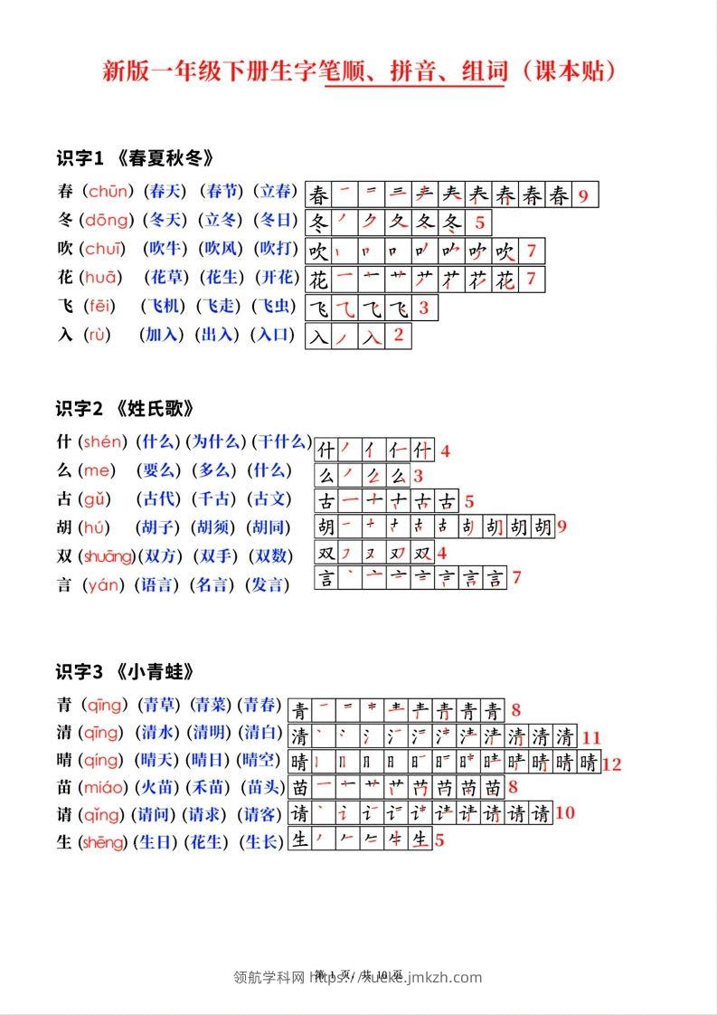 新版一年级下册语文生字笔顺拼音组词(课本贴)-领航学科网