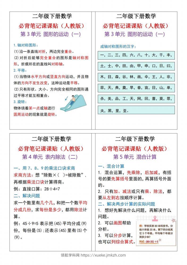图片[2]-二下数学必背笔记课课贴13条（人教版）4页-领航学科网