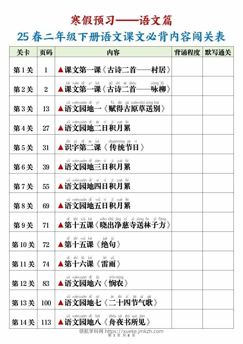 25春二下语文课文必背内容闯关表+默写8页-领航学科网