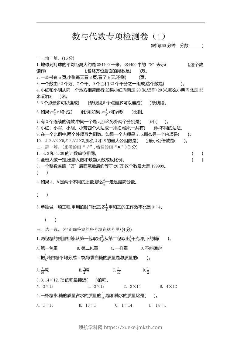 六下青岛63版数学期末数与代数专项检测卷（1）-领航学科网