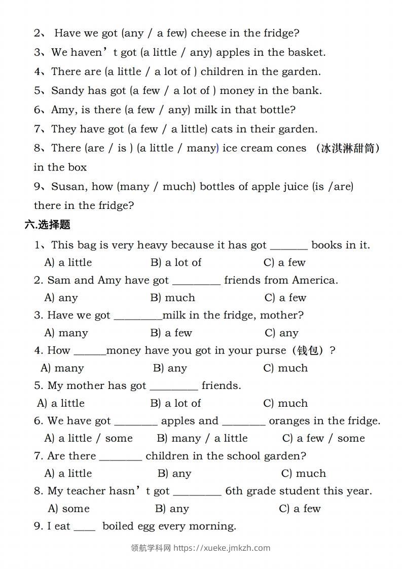 图片[2]-六年级下册人教PEP英语重点语法突破专项训（二）数量词填空-领航学科网