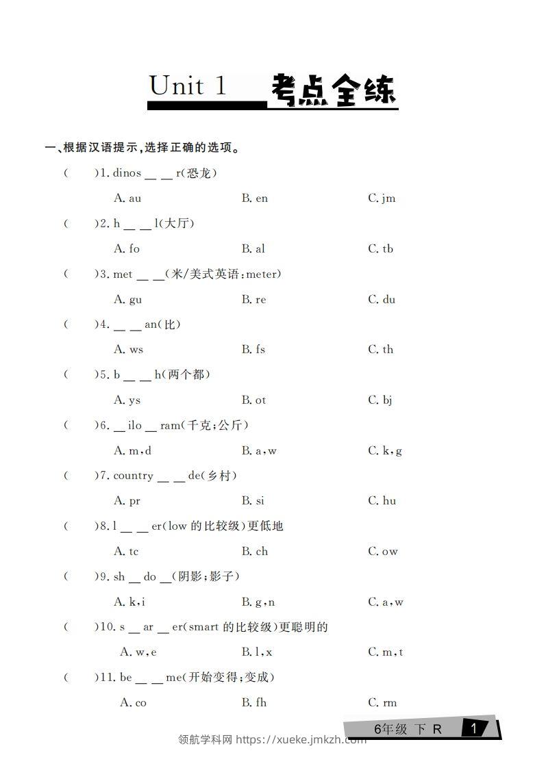 六下英语复习《考点全练》人教PEP版-领航学科网