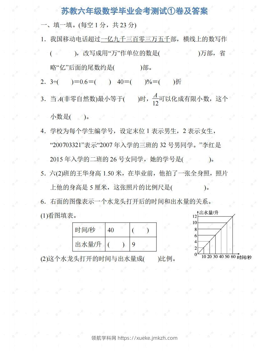 苏教六年级数学下册期末测试①卷及答案-领航学科网