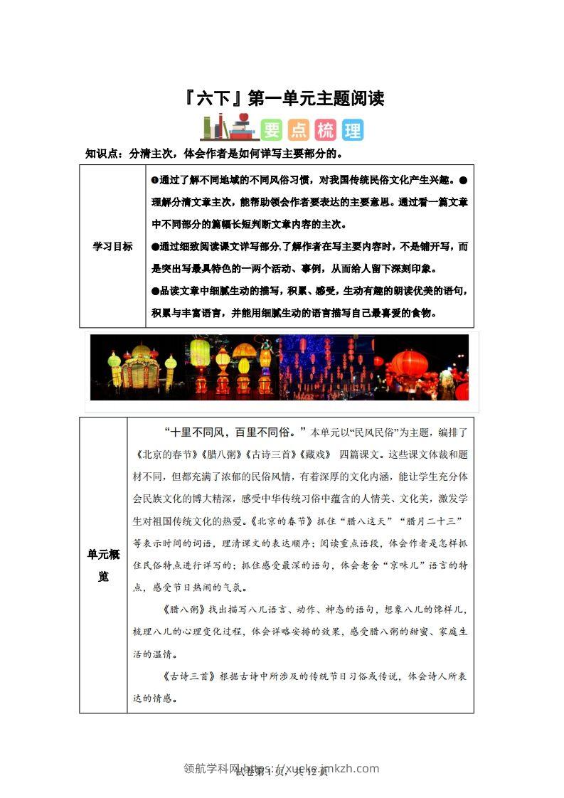 【主题阅读】统编版语文六年级下册第一单元“民风民俗”（主题阅读）-领航学科网