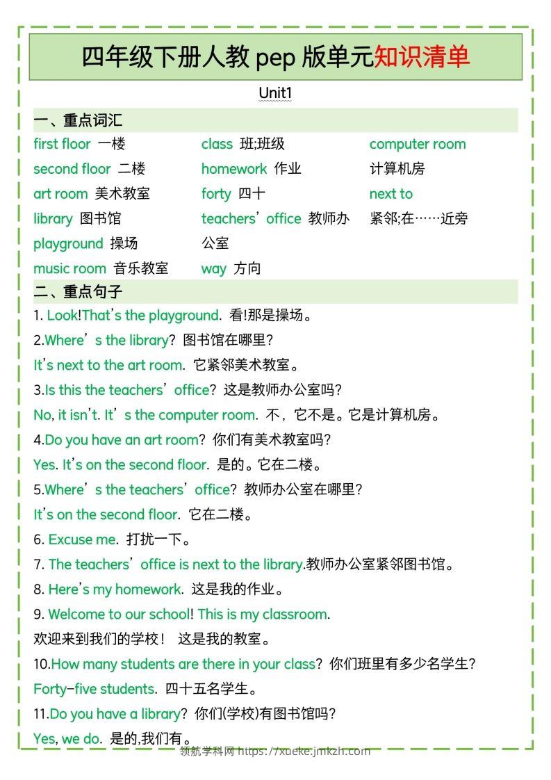 四下英语人教pep版单元知识清单-领航学科网