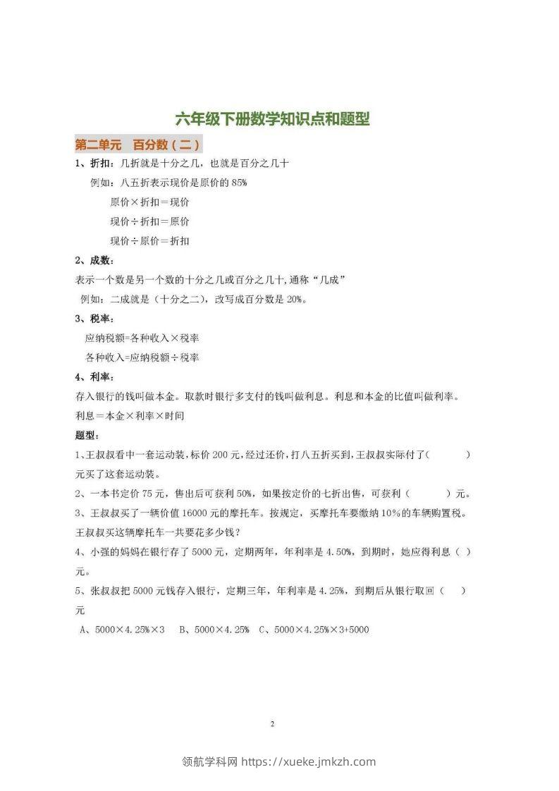 图片[2]-六下人教版数学全册知识要点-领航学科网