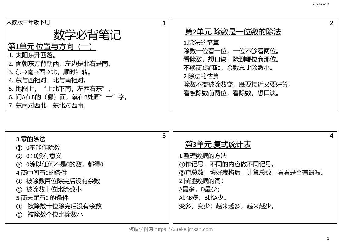 三年级数学下册必背笔记课课贴（4图）-领航学科网