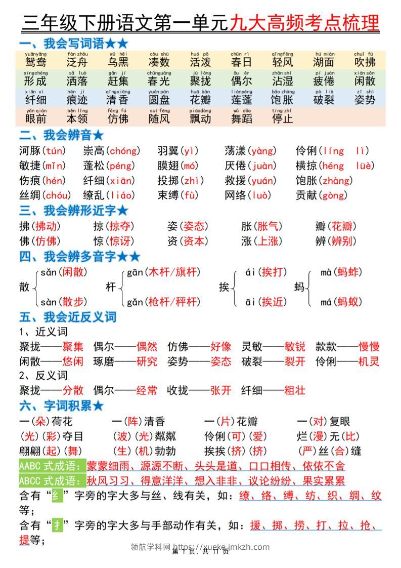 三下语文期中复习1-4单元高频考点梳理（11页）-领航学科网