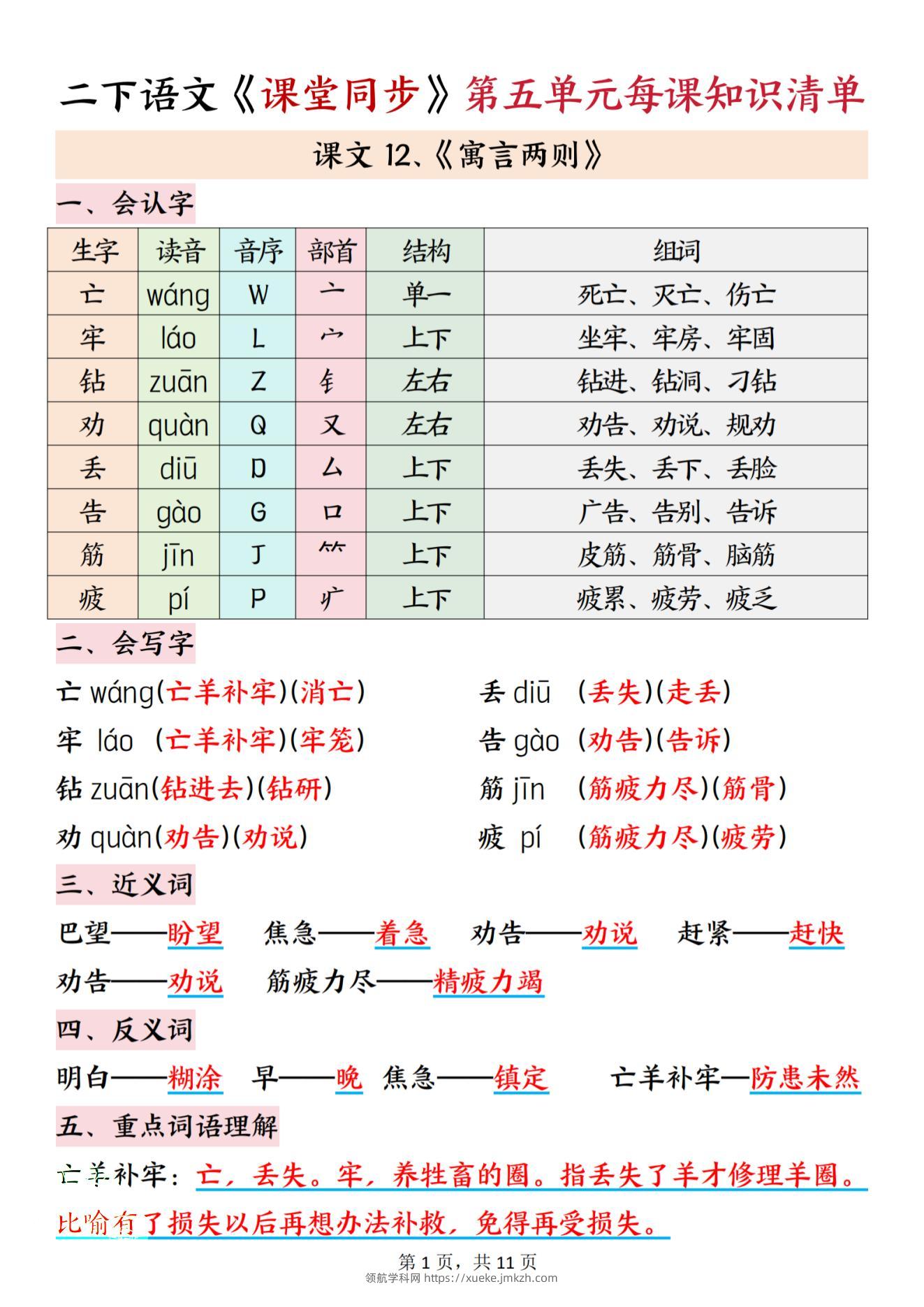 二下语文课堂同步第五单元每课知识清单11页-领航学科网