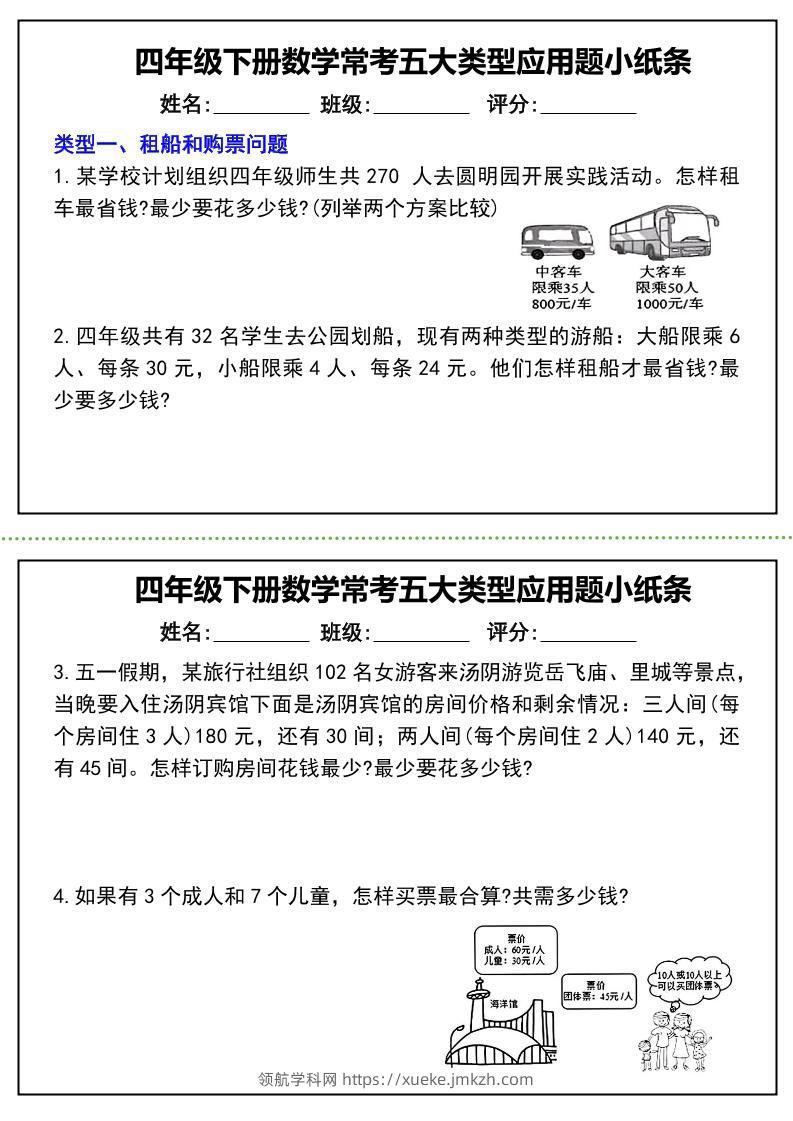 四下数学常考五大类型应用题小纸条-（通用版）-领航学科网