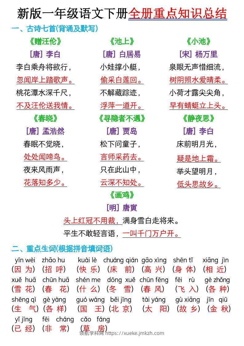 【知识点】新版一年级语文下册全册重点知识总结-7页-领航学科网