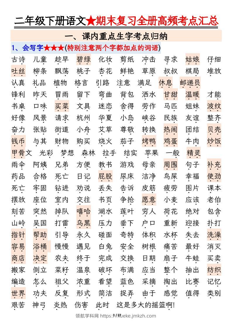 二下语文期末复习全册高频考点必考知识点汇总（27页）-领航学科网